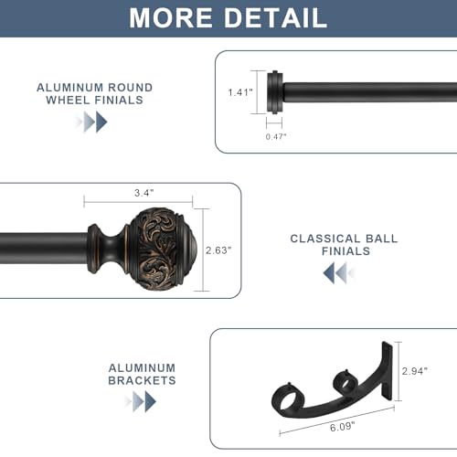 Double Curtain Rod, 1 inch Window Telescoping Drapery Double Rod 144 to 164 Inches (12-13.6 Feet), Classical Ball Finials,Premium Aluminum Brackets,Matte Black - view 4