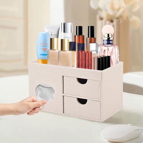 Square Tissue Box Cover with Drawers,Tissue Box Holder with Storage Tray,​ Makeup Organizer and Desk Organizer,Tissue Holders Decorative for Bathroom Vanity NightStand Dressing Table (Beige) - view 2