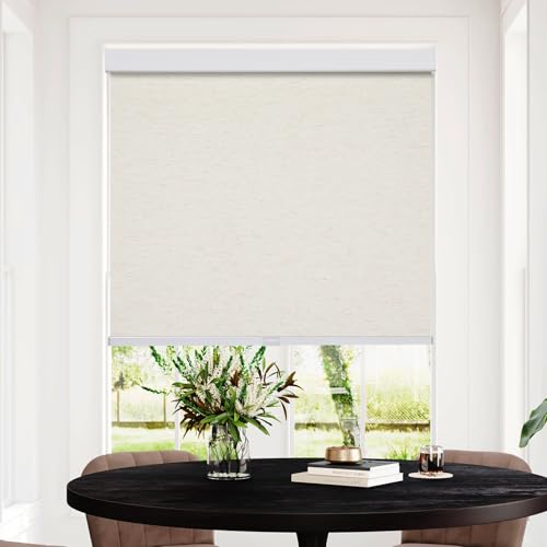 Free-Stop Cordless 100% Blackout Roller Shades for Indoor Windows, Natural Woven Fabric UV Protection Privacy Thermal Insulated Roller Window Shades for Home, Bedroom, Cream 34.5" W x 72" H - view 5