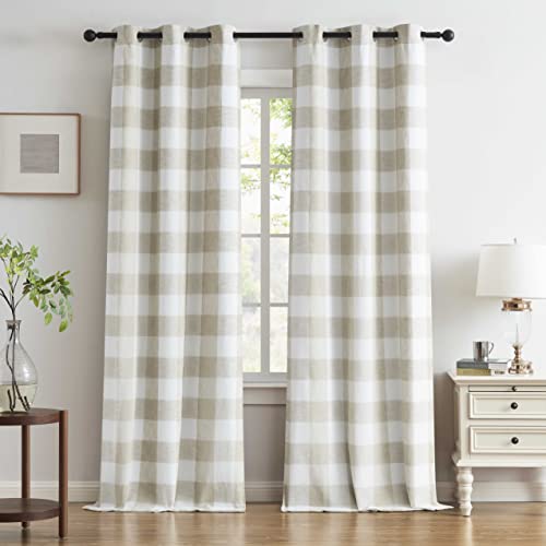 Buffalo Tan White Plaid Full Blackout Window Curtains 84 Inches Long