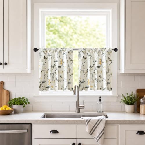 Gray Bird Print Short Curtains for Small Window, 30 x 30, 2 Panels - view 2