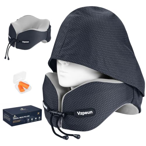 Hooded Travel Pillow, Memory Foam Neck Support for Airplane