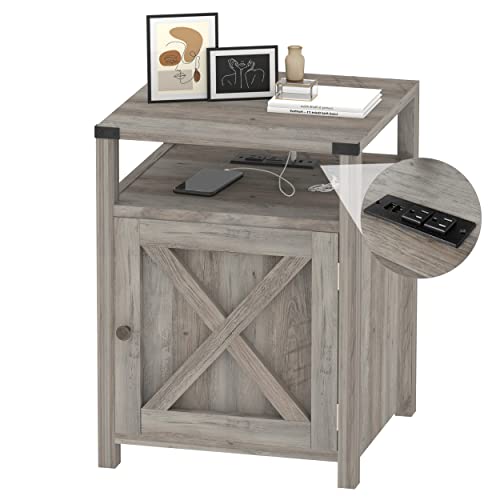 Farmhouse Nightstand with Charging Station, Rustic End Table, Grey