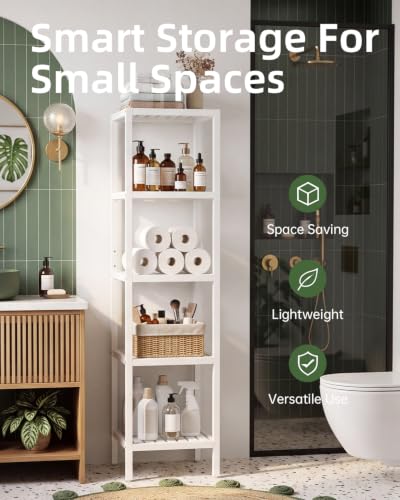 Bathroom Storage Shelf, 5-Tier Bamboo Rack Organizer, Multifunctional Shelving Unit for Living Room Bedroom Kitchen (White) - view 3