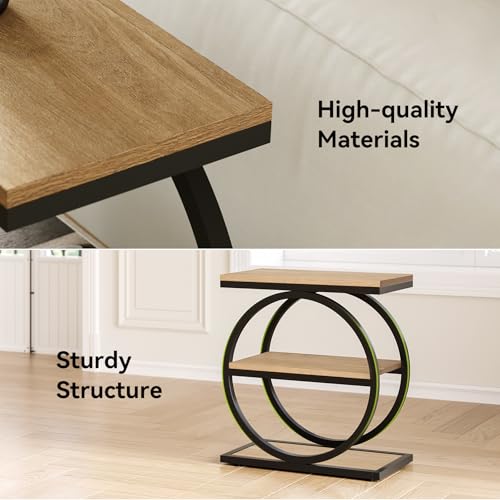 End Table Set 2, Side Table with 3-Tier Storage Shelves, Small Sofa Side Table for Living Room, Wooden Side End Table with Double Round Metal Legs, Slim Nightstand and Bedside Table, Oak - view 6