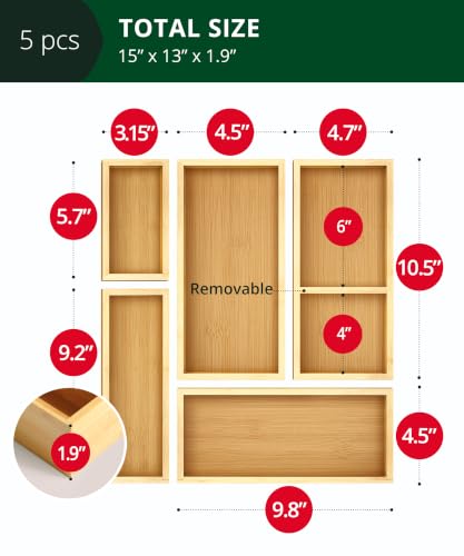5-Piece Bamboo Drawer Organizer Set – Multi-Use Storage Trays for Kitchen, Bathroom, Office, Makeup, Jewelry & More – Junk Drawer Tray, Utensil Holder, Storage Box & Bin Set (5 Boxes) - view 2