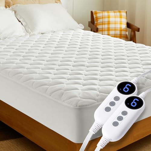 Electric Heated Mattress Pad Queen Size Dual Control, Fast Heating Bed Warmer with Deep Pockets, 9 Heat Settings & 10H Auto Shut Off, Machine Washable Mattress Cover, White 60"*80"