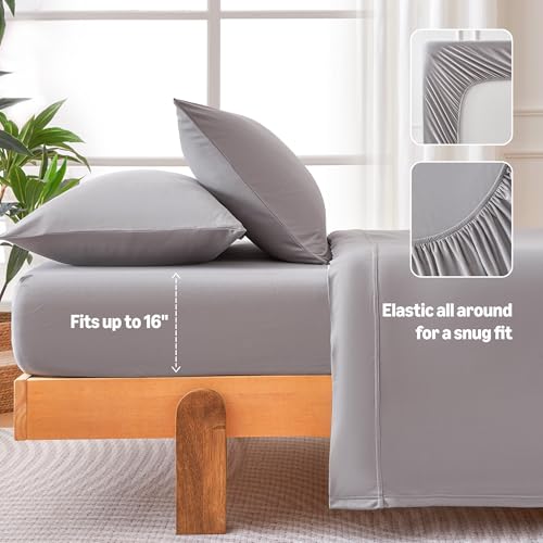 Jersey Knit 4-Piece Sheet Set, Wrinkle Free and Easy Fit, Includes 16" Deep Pocket Fitted Sheet, 1 Flat Sheet and 2 Pillowcases, Queen, Gray - view 4