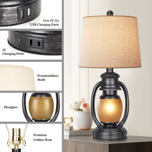Table Lamps for Bedroom Set of 2 Rustic Farmhouse Living Room Bedside Lamp with 2 USB Port and Outlet Black Nightstand Lamps with Nightlight Miner Lantern for End Table - view 3