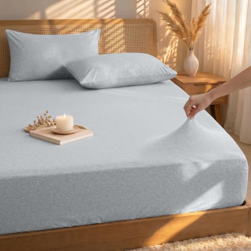 Twin Fitted Sheet Only – Jersey Knit Cotton, Stretchy T-Shirt Soft Bottom Sheet, Snug Fit & Wrinkle-Free, Heather Light Grey