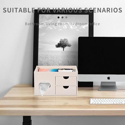 Square Tissue Box Cover with Drawers,Tissue Box Holder with Storage Tray,​ Makeup Organizer and Desk Organizer,Tissue Holders Decorative for Bathroom Vanity NightStand Dressing Table (Beige) - view 3