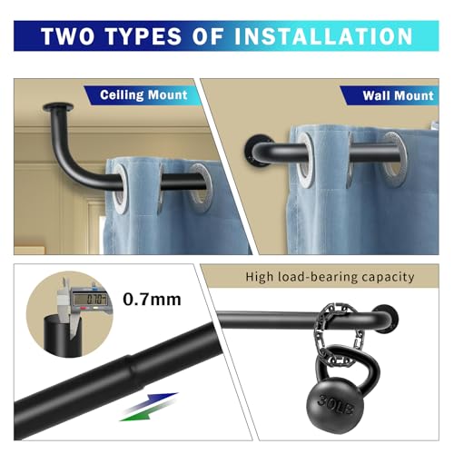 Energy Saving Wrap Around Black Out Return Adjustable Window Curtain Metal Rod Set, 1-inch Diameter, 48" to 84", Matte Black - view 6