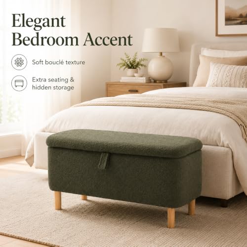 Storage Bench Bedroom Bench Sherpa Ottoman Storage Entryway for Living Room Rectangular Boucle Foot Rest Stool Padded Seat (39.5",Green) - view 3