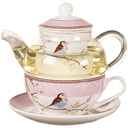 Tea for One Set, Glass Teapot with Porcelain Infuser Strainer and Cup & Saucer- Happy Bird Pattern (Pink)