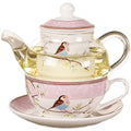 Tea for One Set, Glass Teapot with Porcelain Infuser Strainer and Cup & Saucer- Happy Bird Pattern (Pink)