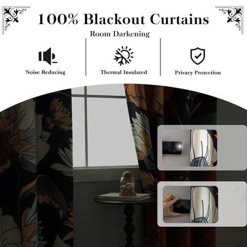 Black Boho Floral Grommet Blackout Curtains, 52W x 45L, 2 Panels - view 3