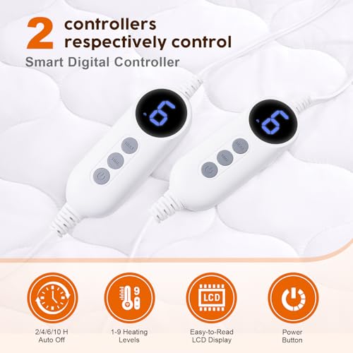Electric Heated Mattress Pad Queen Size Dual Control, Fast Heating Bed Warmer with Deep Pockets, 9 Heat Settings & 10H Auto Shut Off, Machine Washable Mattress Cover, White 60"*80" - view 3