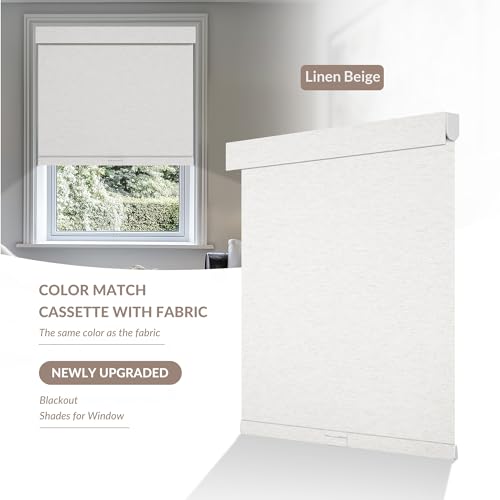 Blackout Roller Shades for Windows - Cordless Linen Fabric Roller Blinds, Thermal Insulated, UV Protection, Custom Window Shades for Home, Office, Bedroom, Cream, 46" W x 36" H - view 2