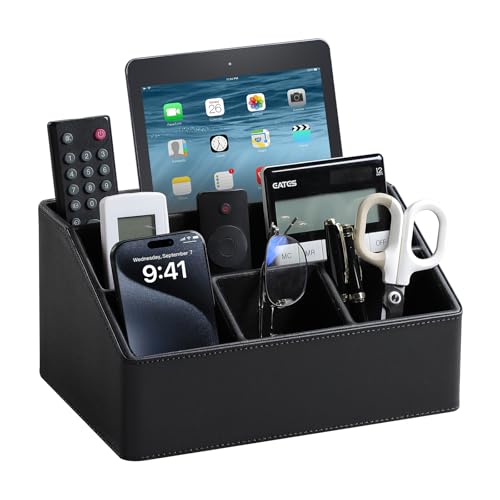 PU Leather Desk Organizer, Remote Control Holder (Black)