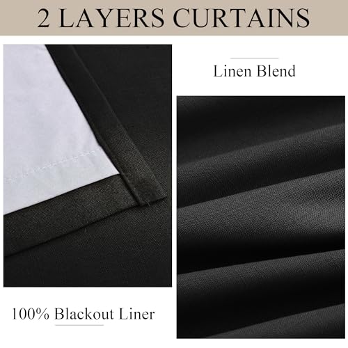 90 Inch Black Pinch Pleated Linen 100% Blackout Curtains for Bedroom Living Room Pleat Black Out Thermal Insulated Ring Hooks Back Tab Room Darkening Double Layer Drapes Curtain with Liner - view 3