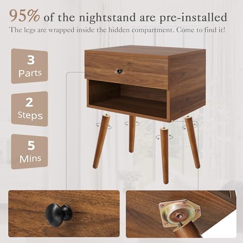 Hidden Compartment Nightstands, Mid Century Modern Concealment Furniture, Bedside Table with Wood Legs, End Table with Storage Drawer for Bedroom (1,Walnut) - view 6
