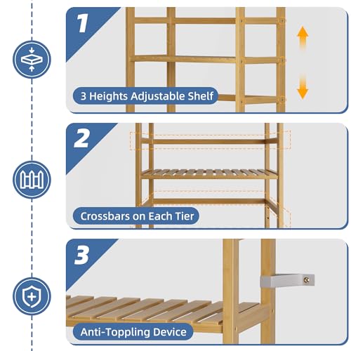 Bamboo Shelf, 6-Tier Adjustable Tall Open Bookcase, Bathroom Storage Rack Freestanding Shelving Unit, Plant Display Stand for Small Space, Natural - view 6
