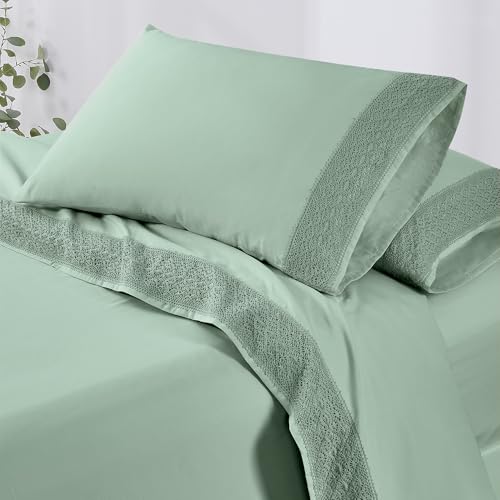 Seafoam Microfiber Bed Linen Set - 4Pcs Luxurious Crochet Lace Sheets & Pillowcases, King, Deep Pocket, Stain Resistant - view 2