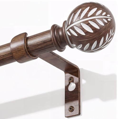 White Boho Wood Curtain Rods for Windows 48 to 84 Inch - 1 inch Diameter Heavy Duty Curtain Rods with Imitation Wood Grain Leaf Pattern Finials,Adjustable Decorative Curtain Rods Set,28-88'' - view 7