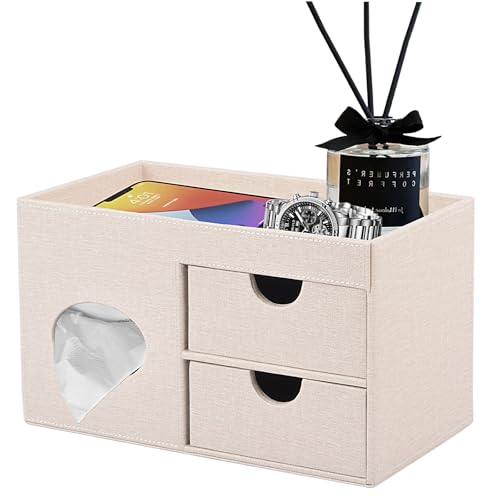 Square Tissue Box Cover with Drawers,Tissue Box Holder with Storage Tray,​ Makeup Organizer and Desk Organizer,Tissue Holders Decorative for Bathroom Vanity NightStand Dressing Table (Beige)
