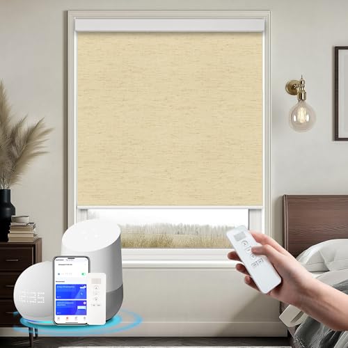 Motorized Blinds with Remote Cordless Automatic Motorized Shades Custom Blinds for Windows Smart Curtains Compatible with Alexa Google Home(Blackout Linen Soft Dunes,Custom Size)