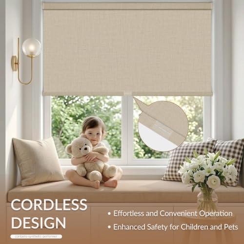 Blackout Linen Roller Shades for Windows, Beige, Custom Size - view 2