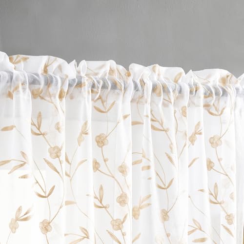Sheer Curtains with Desin White-Beige Floral Embroidery 84 Inch Long Rod Pocket Lace Drapes for Living room, Bedroom, 2 Panels, 52"x84", Semi Voile Outdoor Window Treatment Sets for Yard, Patio. - view 2