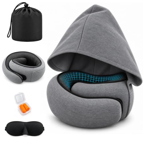 Hooded Pro Travel Pillow,Upgraded Trave Neck Pillow, Memory Foam Filling