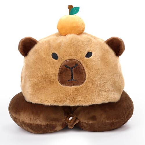 Capybara U-Shaped Travel Pillow with Hood,Neck Headrest Plush Pillow,Hooded Sleeping Supplies Neck Chin Support Stuffed Animal Pillow for Airplane Train Car Office