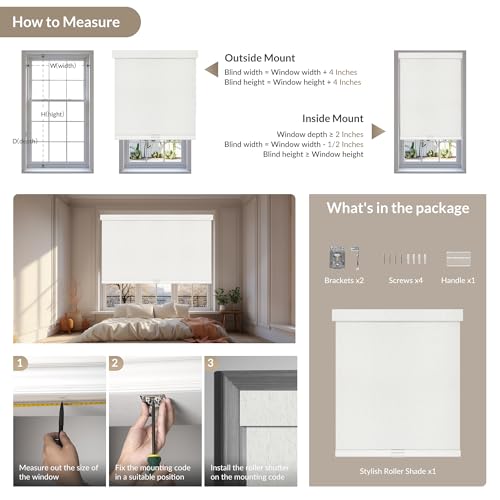 Blackout Roller Shades for Windows - Cordless Linen Fabric Roller Blinds, Thermal Insulated, UV Protection, Custom Window Shades for Home, Office, Bedroom, Cream, 34" W x 64" H - view 6