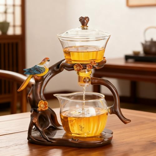 Lazy Kungfu Glass Tea Set Heat Resistant Semi Automatic Drip Rotating with Infuser Magnetic Teapot Set for Gongfu Tea Making Ideal (Bird) - view 2