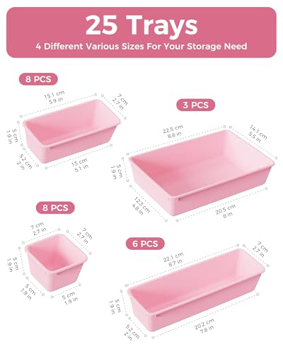 25 PCS Plastic Drawer Organizers Set, 4-Sizes Vanity and Makeup Organizer, Desk and bathroom Drawer Organizer Trays, Organizers and Storage for Makeup, Jewelry, Gadgets, Utensils (Pink) - view 2