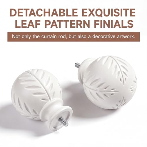 White Boho Wood Curtain Rods for Windows 48 to 84 Inch - 1 inch Diameter Heavy Duty Curtain Rods with Imitation Wood Grain Leaf Pattern Finials,Adjustable Decorative Curtain Rods Set,28-88'' - view 3