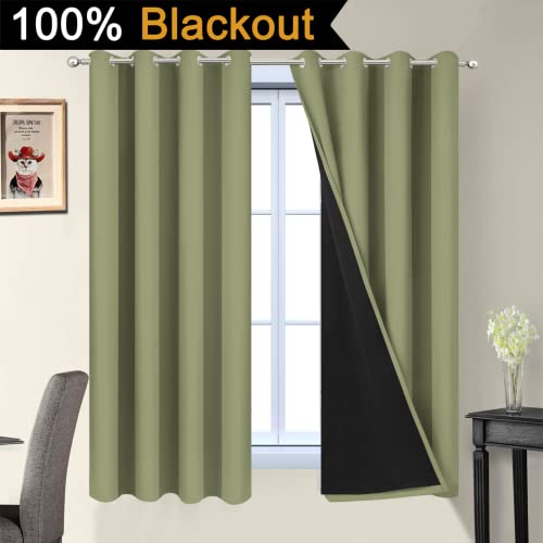 100% Blackout Window Curtain Panels, Heat and Full Light Blocking Drapes with Black Liner for Nursery,Thermal Insulated Draperies (Sage, 2 Pieces, 52Wx63L) - view 2