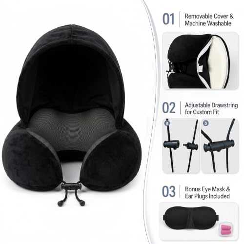 Travel Neck pillow for Airplane, with Large Hood Eye Mask Earplug and Bag - view 6