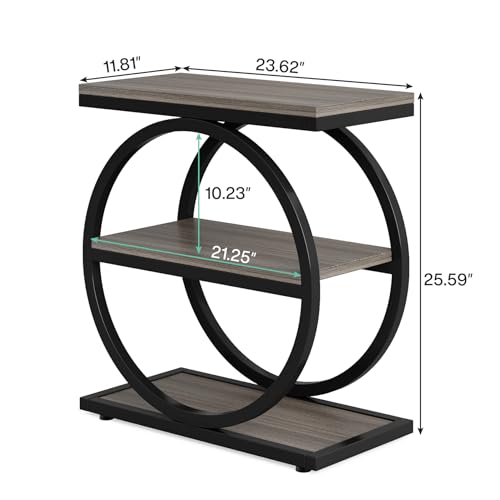 3-Tier End Table, Grey Side End Table with Storage Shelves, Small Sofa Side Table for Living Room, Slim Nightstand and Bedside Table with Black Double Round Metal Legs - view 3