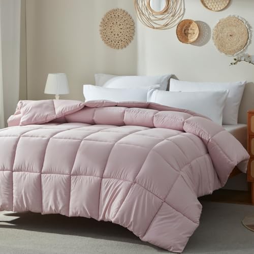 Down Alternative Comforter Queen Duvet Insert with Corner Tabs, All Season Quilted Bed Comforter Box-Stitched Queen Comforter Light Pink，Machine Washable Microfiber Bedding