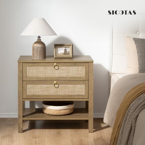 26.7" Wide Rattan Nightstand with 2 Drawers & Open Shelf End Table - view 3