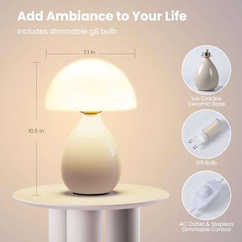 Mushroom Lamp Small Vintage Table Light, Mini Modern Lamp Bedside Nightstand LED, Small Light Dimmable for Bedroom, Living Room, Ceramic Base Glass Led Home Decor for Woman Gifts - view 3