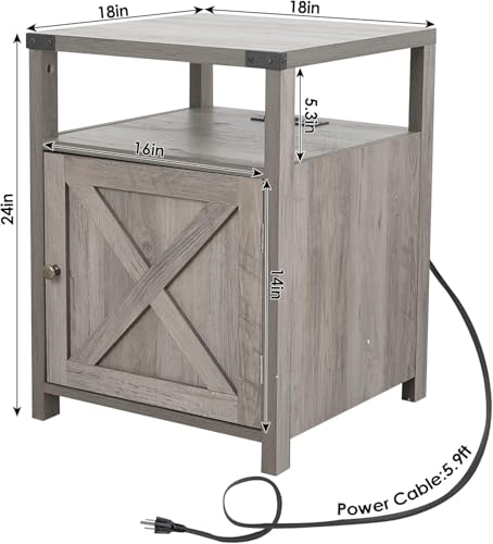 Farmhouse Nightstand with Charging Station, Rustic End Table, Grey - view 3