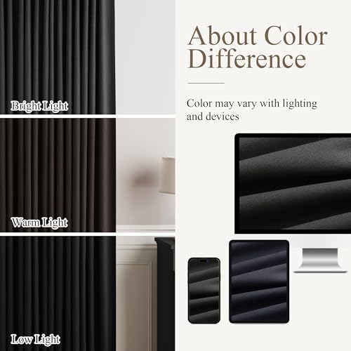 90 Inch Black Pinch Pleated Linen 100% Blackout Curtains for Bedroom Living Room Pleat Black Out Thermal Insulated Ring Hooks Back Tab Room Darkening Double Layer Drapes Curtain with Liner - view 6