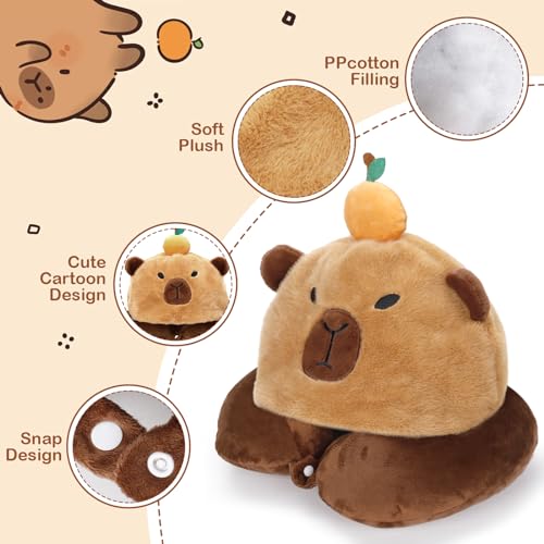 Capybara U-Shaped Travel Pillow with Hood,Neck Headrest Plush Pillow,Hooded Sleeping Supplies Neck Chin Support Stuffed Animal Pillow for Airplane Train Car Office - view 2