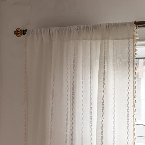 Boho Curtains Semi-Blackout 84 Inch 2 Panels for Living Room, Linen Tassels Farmhouse Curtains with Embroidery for Bedroom Rod Pocket Draperies 52" W x 84" L, Off White - view 6