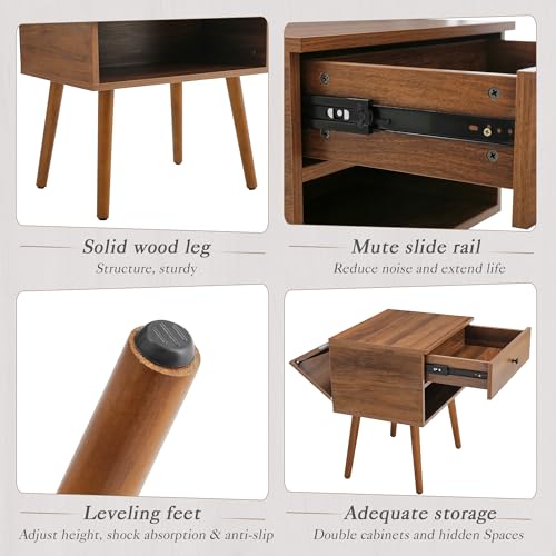 Hidden Compartment Nightstands, Mid Century Modern Concealment Furniture, Bedside Table with Wood Legs, End Table with Storage Drawer for Bedroom (1,Walnut) - view 5