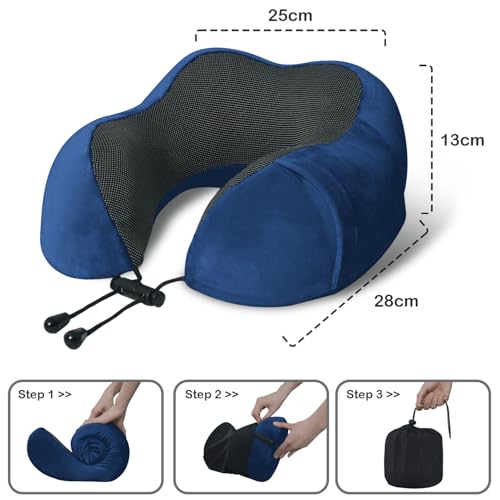 Travel Pillow, Memory Foam Neck Pillow for Traveling, U Shape Neck Pillow Airplane Portable Flight Pillow Travel Kit with 5D Contoured Eye Masks and Earplug for Plane Train Car Home Office - Blue - view 5